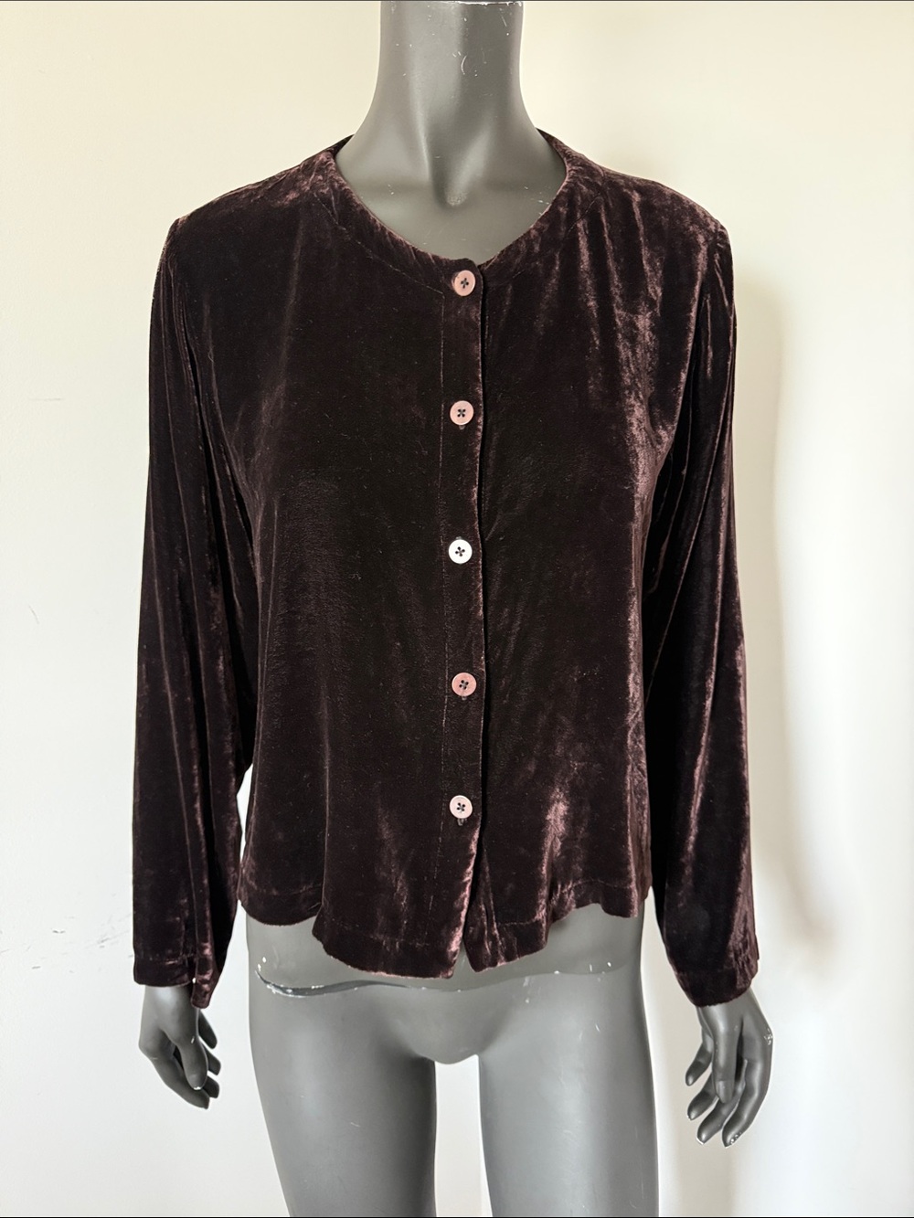 Eileen Fisher Silk Blend Velvet Button Front Top Brown M